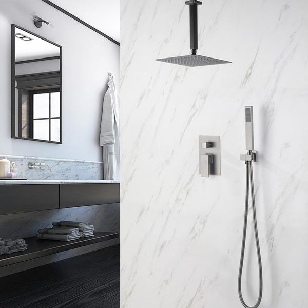 

way concealed valve bathroom shower faucet brass bath mixers tap with handshower 8/10/12" rainfall head grey sets