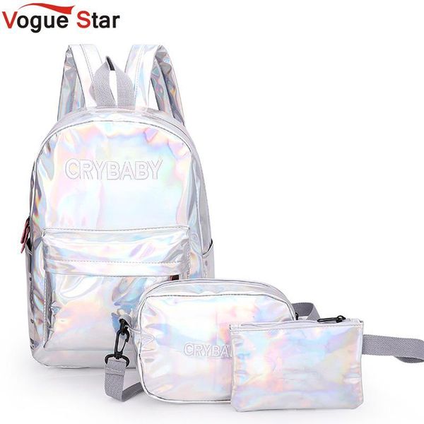 

outdoor bags 2021 holographic laser backpack embroidered crybaby letter hologram set school bag +shoulder +penbag 3pcs l172