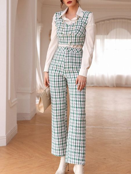 

plaid pattern raw trim tweed tank & pants without blouse z8w0#, White