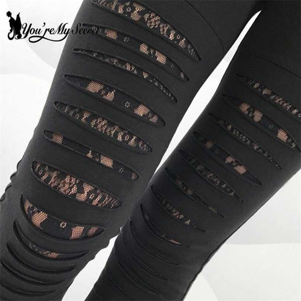 

[you're my secret] shredded leggings for women gothic lace workout mid-waist slim leggins fitness outside legins 211215, Black