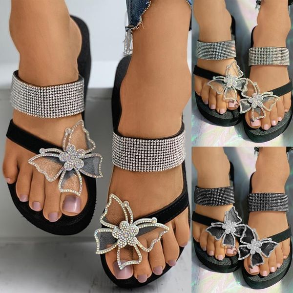 

women slippers summer fashion ladies butterfly rhinestone flat bohemian casual sandals breathable beach shoes wedges, Black