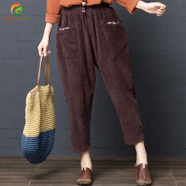 

women's pants & capris women corduroy autumn winter loose retro velvet embroidery pockets cross-pants big size literary wide leg, Black;white