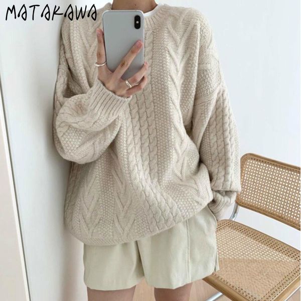 

women's sweaters matakawa vintage autumn round neck sweater korea chic linen pattern loose pullover long sleeve for women, White;black