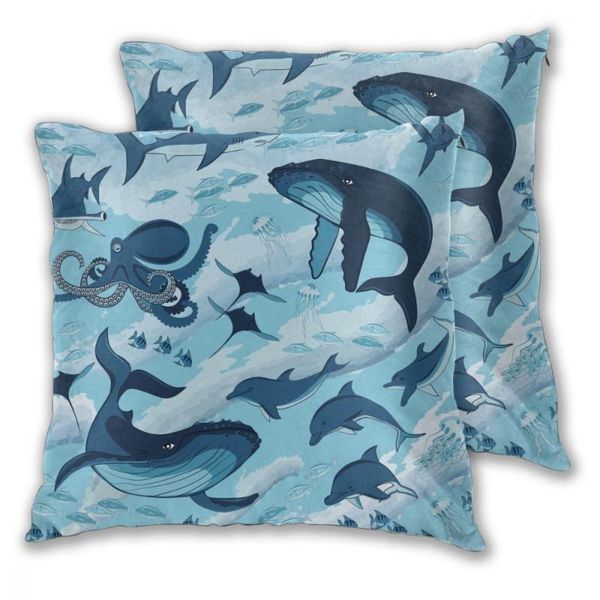 

pillow case cover blue whales and underwater fishes home decorative 2 pieces zipper throw cushion for sofa bed