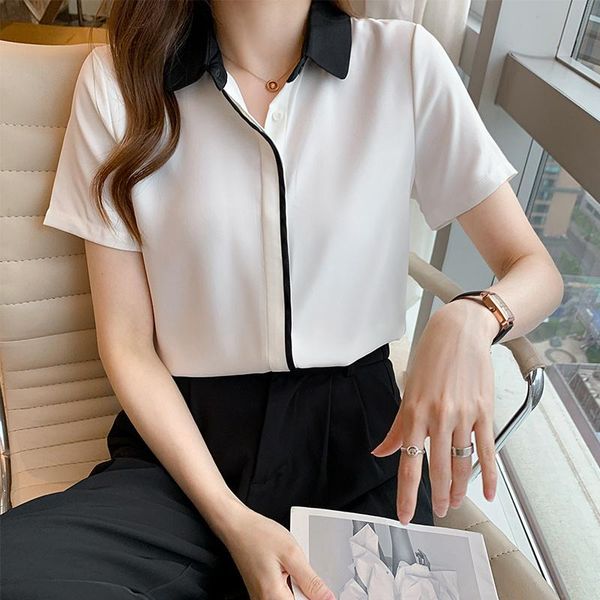 

women's blouses & shirts white chiffon shirt summer wear 2021 style versatile color contrast professional dress short sleeve