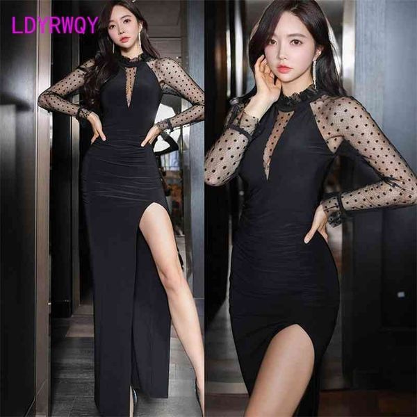 

[ldyrwqy] spring korean style temperament slim long stitching perspective bag hip split dress office lady 210416, Black;gray
