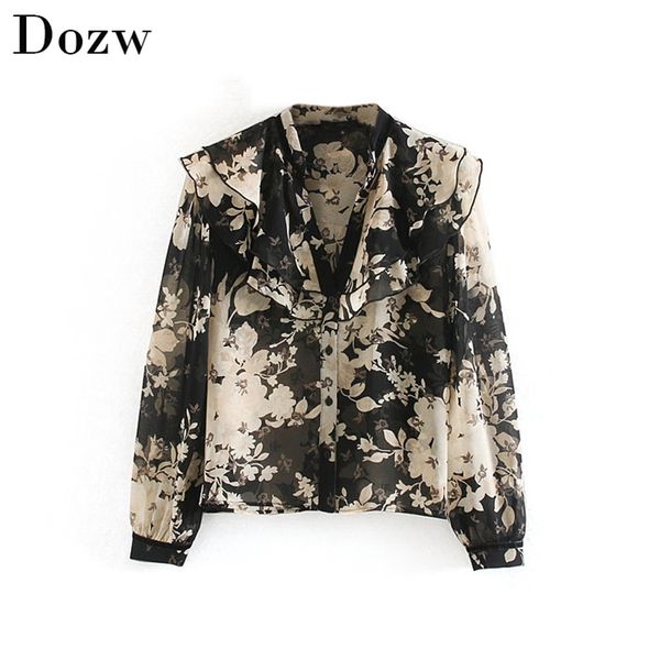 

fashion v neck floral print blouse women ruffles decorate long sleeve stylish shirt female plus size ladies bluzki damskie 210515, White