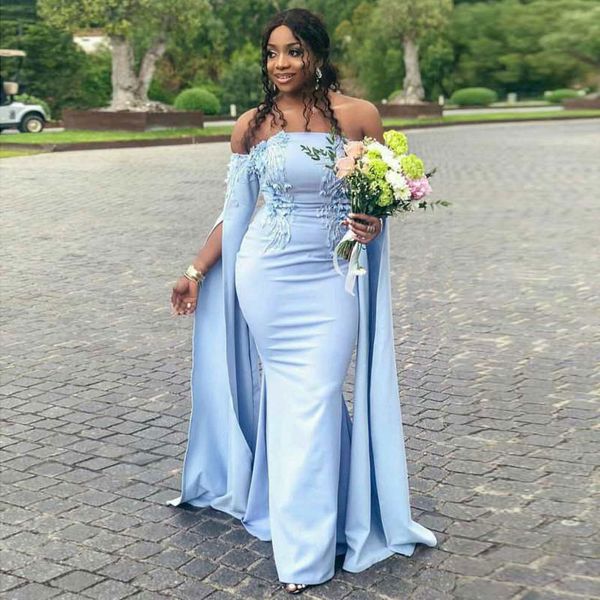 

light sky blue mermaid bridesmaid dresses appliqued strapless neckline long sleeves wedding guest dress floor length satin country maid of h, White;pink