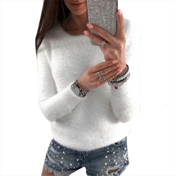 

autumn winter women fashion faux sweater pearl beading solid color plush long sleeve pullover warm pull femme, White;black