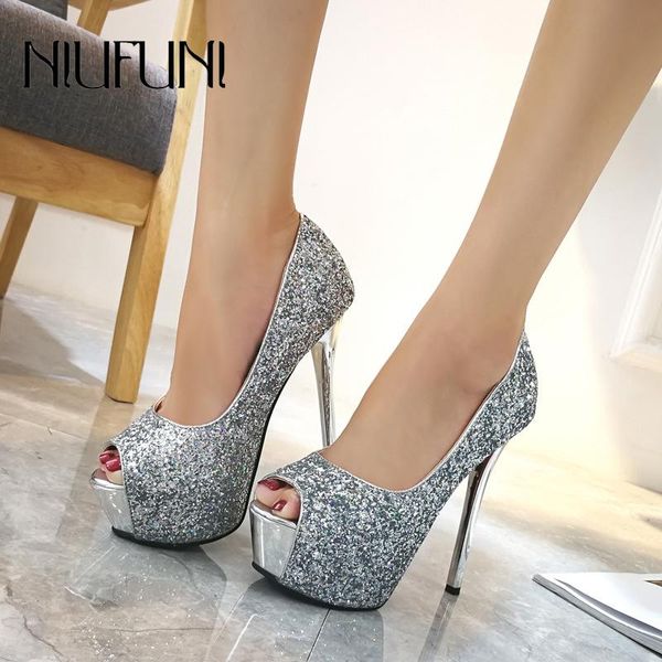 

dress shoes 2021 fashion sequins platform women's sandals pumps woman wedding slip-on nightclub peep toe stiletto high heels, Black