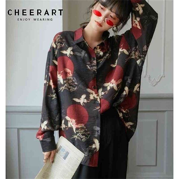 

japanese fashion long sleeve blouse fall women vintage crane print loose button up shirt autumn clothing 210427, White