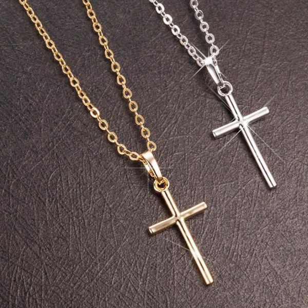 

pendant necklaces simple fashion cross chain necklace for women men luxury ladies gold jewelry crucifix christian ornament gifts, Silver
