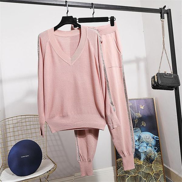 

thin diamond knitted tracksuit women v-neck long sleeve sweater pants two piece set female loose casual sports knit outfits dress, White
