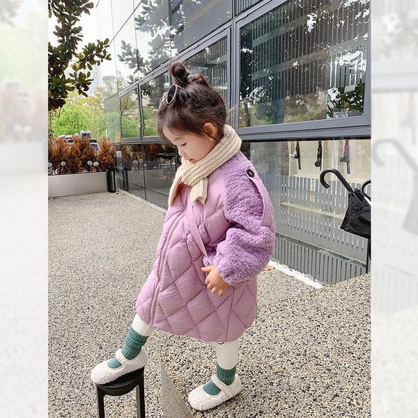 

down coat 2022 winter girls cottonÂ jackets korean style fashion thick medium length patchwork zipper kids outwear 2-8 years, Blue;gray
