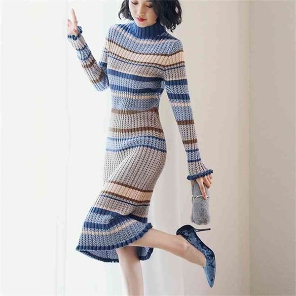 

knit dress high neck pullover autumn and winter wear style over the knee base office lady knitting cotton polyester 210416, Black;gray