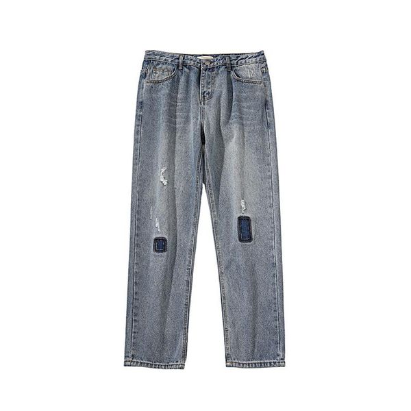 

summer 2021 fashion men's trousers korean style trendy jeans with holes patches loose and versatile ankle length straight pants, Blue