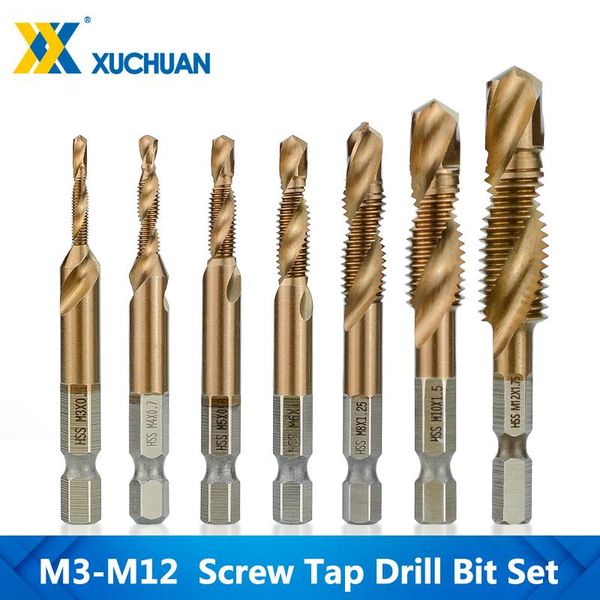 

hand tools 7pcs hss screw thread tap m3-m12 metric drill bits ticn coated 1/4 hex shank machine compound