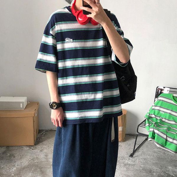 

men's t-shirts harajuku daily casual all-match striped t-shirt oversized british style round neck 2021 clothes men hip hop simple coupl, White;black