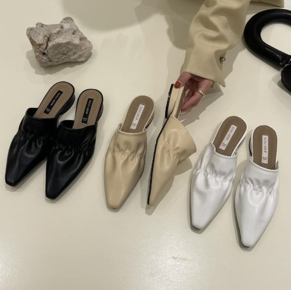 

designer women's shoes 2021 spring fashion pointed toe folds baotou half-drag soft bottom outer wear slippers, Black