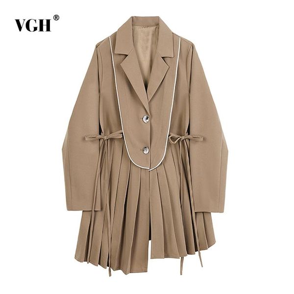 

casual dresses vgh camel dress women's clothing notched long sleeve patchwork bowkbot tassles female 2021 spring fashion style, Black;gray