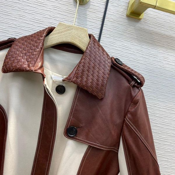 

women's trench coats 100% sheepskin for women 3d cut lapel contrast spliced slim lady winter 2021, Tan;black