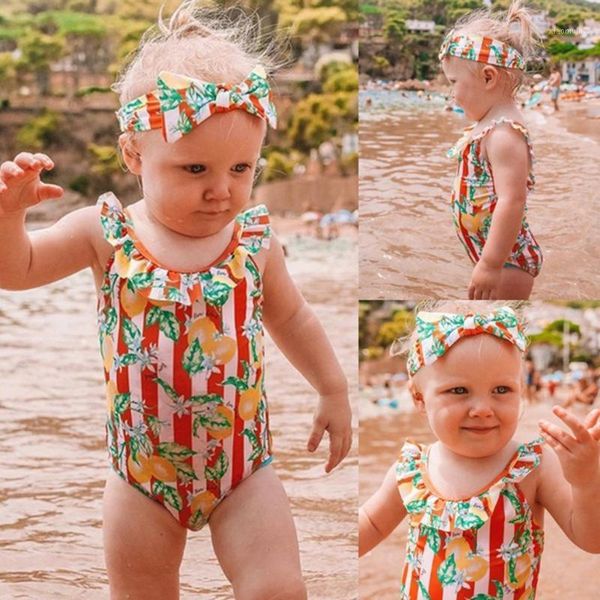 

toddler kids baby girls fruit print swimsuit one piece swimwear bathing suit with headband outfits biquini beachwear, Black