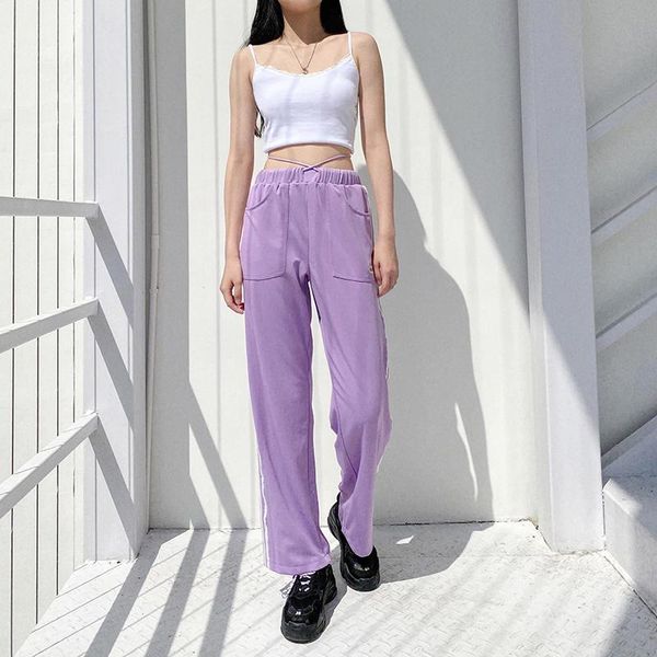 

women's pants & capris girlish purple versatile casual straight bandage waist design loose and thin wide leg pant dance trousers, Black;white