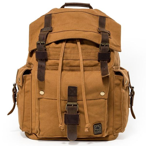 

backpack large capacity europe and america vintage yellow canvas genuine leather
