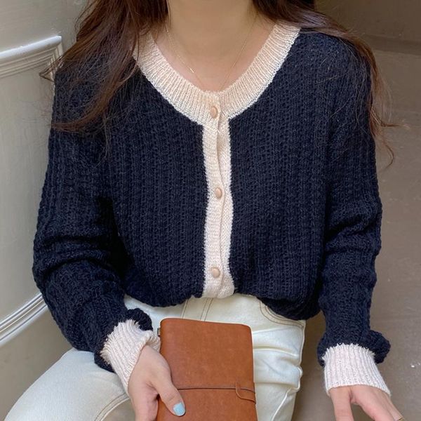 

women's knits & tees 2021 korean fashion elegant retro casual o neck hit color edging single-breasted loose knit cardigan jacket sweate, White