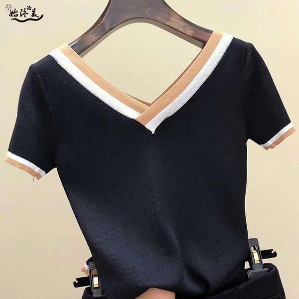 

fashion v-neck sweater bottoming shirt women's thin pullover summer style 210512, White;black