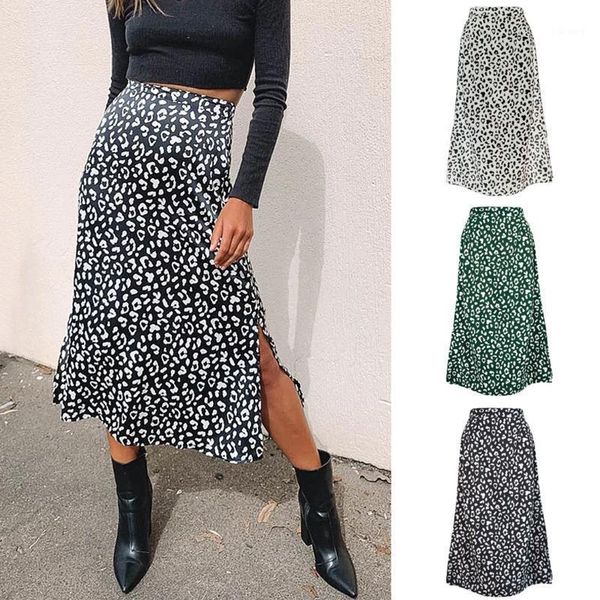 

skirts summer high waist leopard print chifoon long women 2021 fashion side split casual mid-calf loose skirt woman jupe, Black