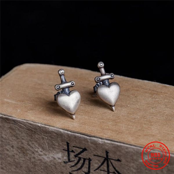 

stud mkendn 925 sterling silver retro punk piercing heart sword earrings for women men fine jewelry girls female party gifts, Golden;silver