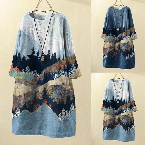 

casual dresses fashion autumn winter women vintage pockets corduroy landscape printed long sleeve loose beach party dress vestidos#g3, Black;gray