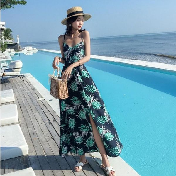 

casual dresses bohemian beach style leaves print spaghetti strap backless cross lace up summer dress women's clothing fashion long, Black;gray