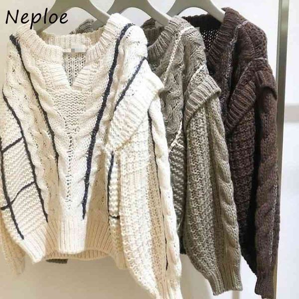 

neploe panelled twist patchwork pullovers autumn winter japanese style sweet women sweaters elegant v-neck knitted 210423, White;black