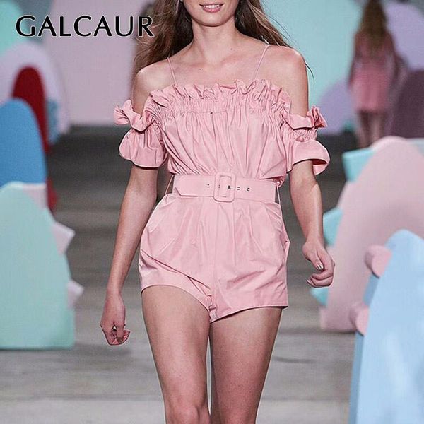 

women's jumpsuits & rompers galcaur slash neck playsuits women off shoulder ruffles sashes high waist mini shorts large size summer 202, Black;white