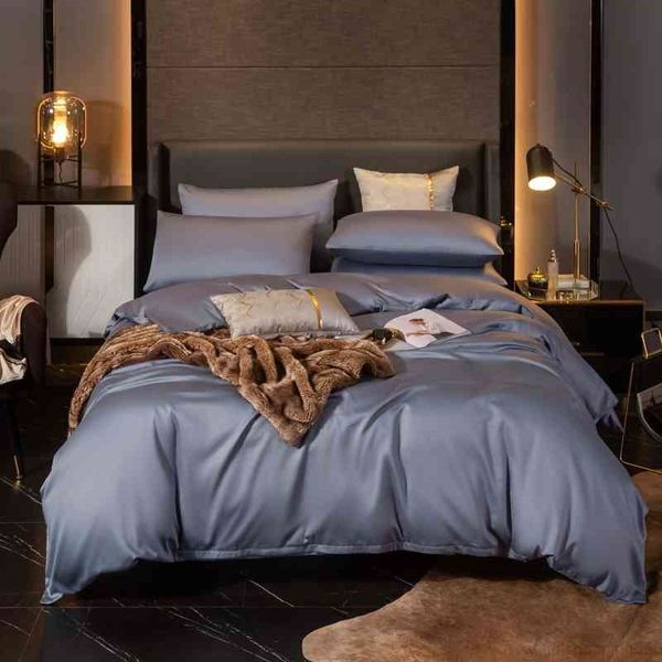 

breathable soft egyptian cotton duvet cover flat/fitted bed sheet gray blue king  size 4 pcs bedding set with zipper