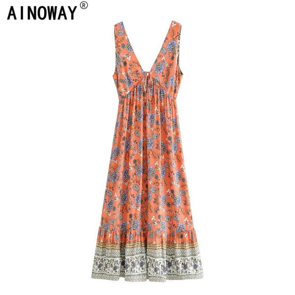 

vintage chic boho women multi floral print sleeveless maxi dresses ladies deep v-neck bohemian cotton happie sundress casual, Black;gray