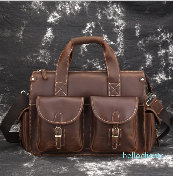 Bolsos de viaje de café oscuro Retro de marca famosa, bolsos grandes de cuero genuino de Caballo Loco para hombre, Bolso de hombro de negocios para hombre para oficina