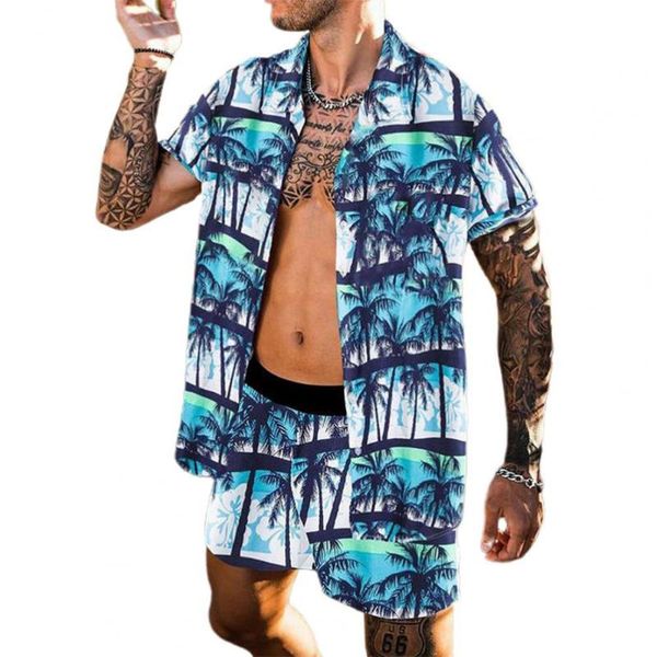 

men's tracksuits outfit digital print short sleeve men lapel buttons shirt shorts set beach printed, Gray