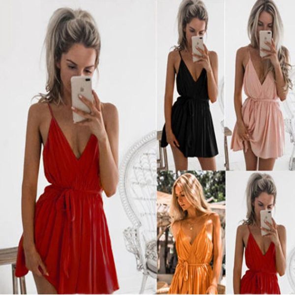 

summer deep v neck spaghetti straps women's empire dress fashion backless solid pleated belt beach ladies mini dresses casual, Black;gray