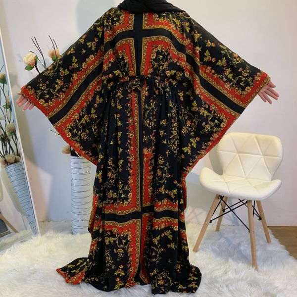 

muslim kaftan abaya dress ramadan islamic women bat sleeve print loose outwear caftan dubai arab long robe djelllaba khimar ropa, Red