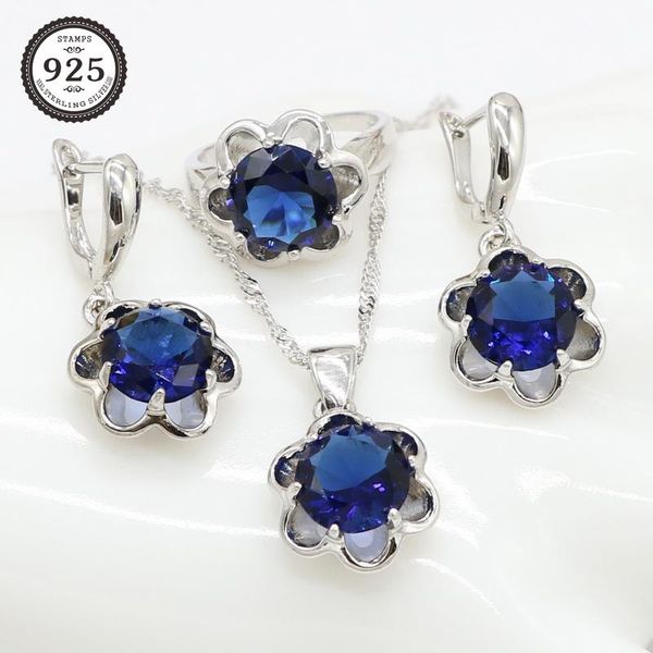 

earrings & necklace flower blue zircon bridal silver trendy pendant earring and ring jewelry sets for ladies fashion gift
