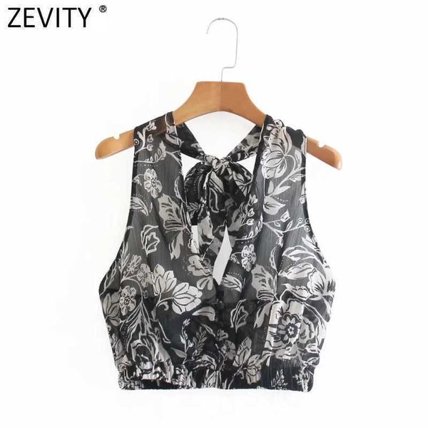 

zevity women transparent totem floral print short smock blouse female backless bow tied shirts roupas chic crop ls9324 210603, White