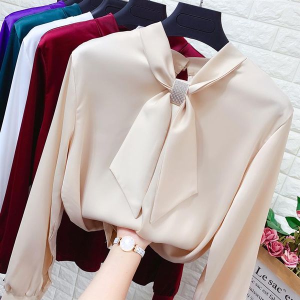 

women's blouses & shirts women long sleeve bow tie office lady full satin woman rhainstones collar, White