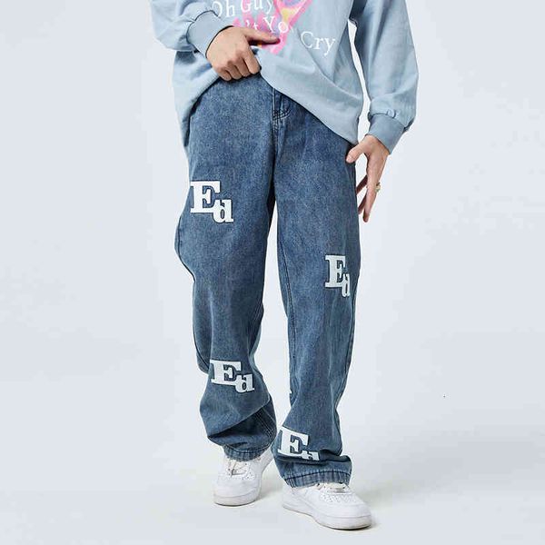 

men's jeans streetwear leather embroidered letter washed brim pants for man and woman oversize straight retro casual baggy denim jxc7, Blue