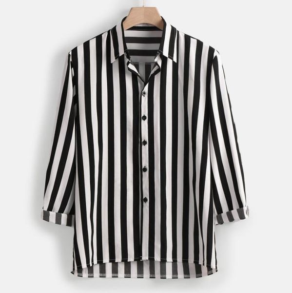 

men's casual shirts male fall mid-sleeve striped shirt japanese style autumn blouse personality unique design for boys, White;black