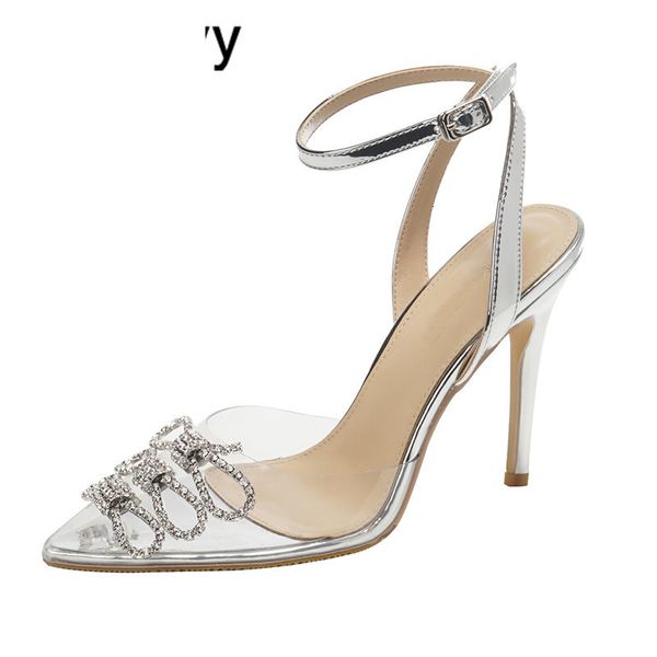 

sandals transparent pvc sandals women pointed toe crystal butterfly-knot decor ankle stap high heel pumps dress party fairy shoes, Black