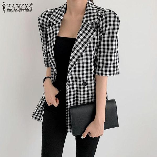 

women's suits & blazers plus size summer zanzea 2021 vintage check blazer half sleeve outwear female casual single button overcoats, White;black