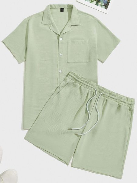 

men patched pocket shirt & drawstring waist shorts u3l8#, Gray